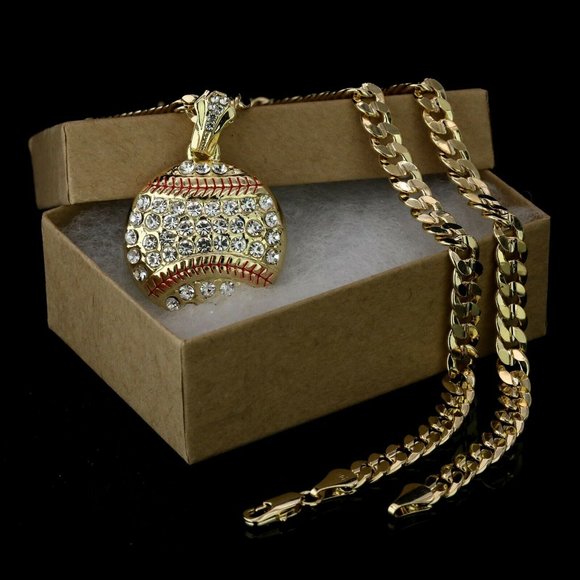 Men's 14k Gold Baseball Stamped Pendant + Cuban Necklace Iced - Picture 1 of 4